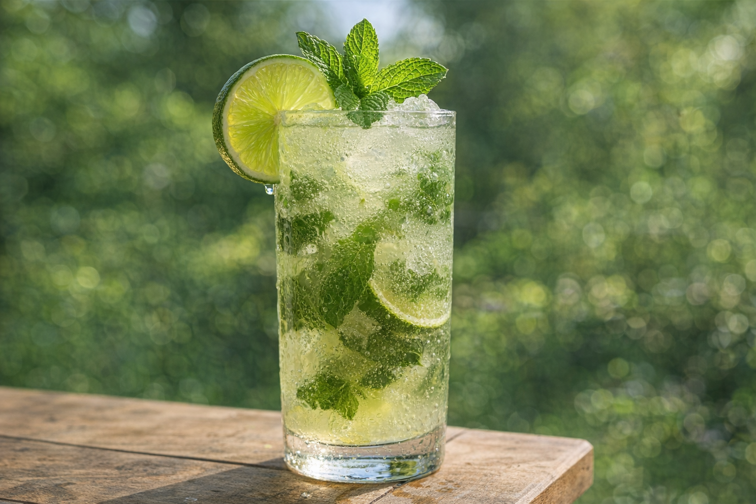 A vibrant mojito in a tall glass, garnished with mint sprigs and a lime wedge, condensation on the glass, sunlit outdoor setting